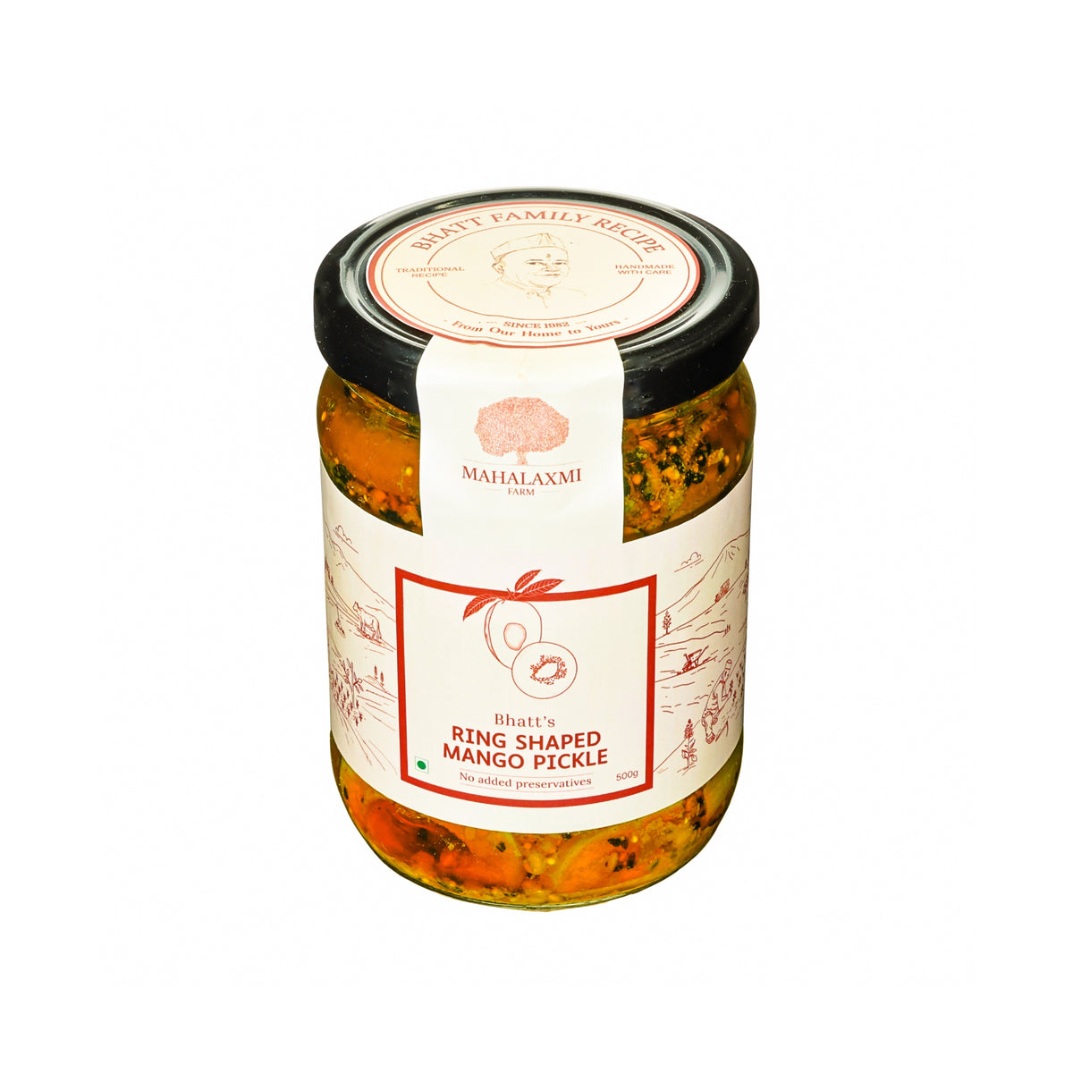 A glass jar of Mahalaxmi Farm Ring Shaped Mango Pickle with a black lid and cream-colored labels, set against a plain white background.