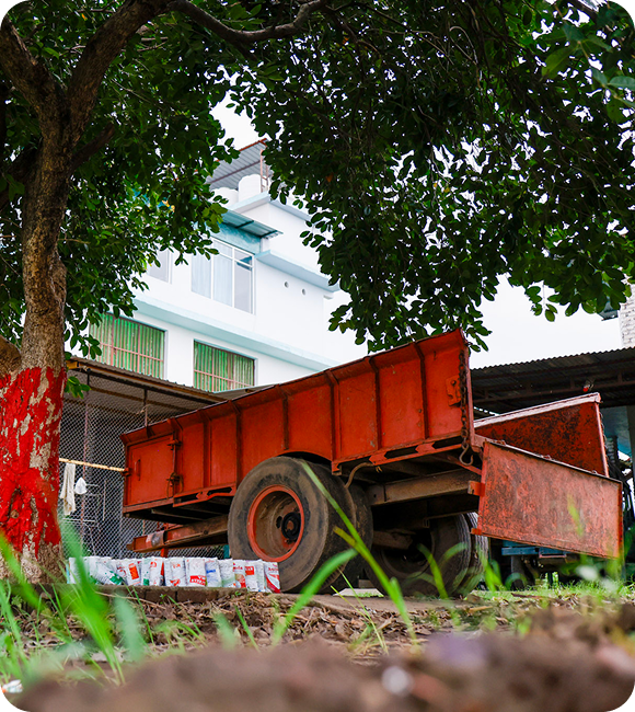 Red farm trailer parked beneath a leafy tree beside a building at Mahalaxmi Farm.