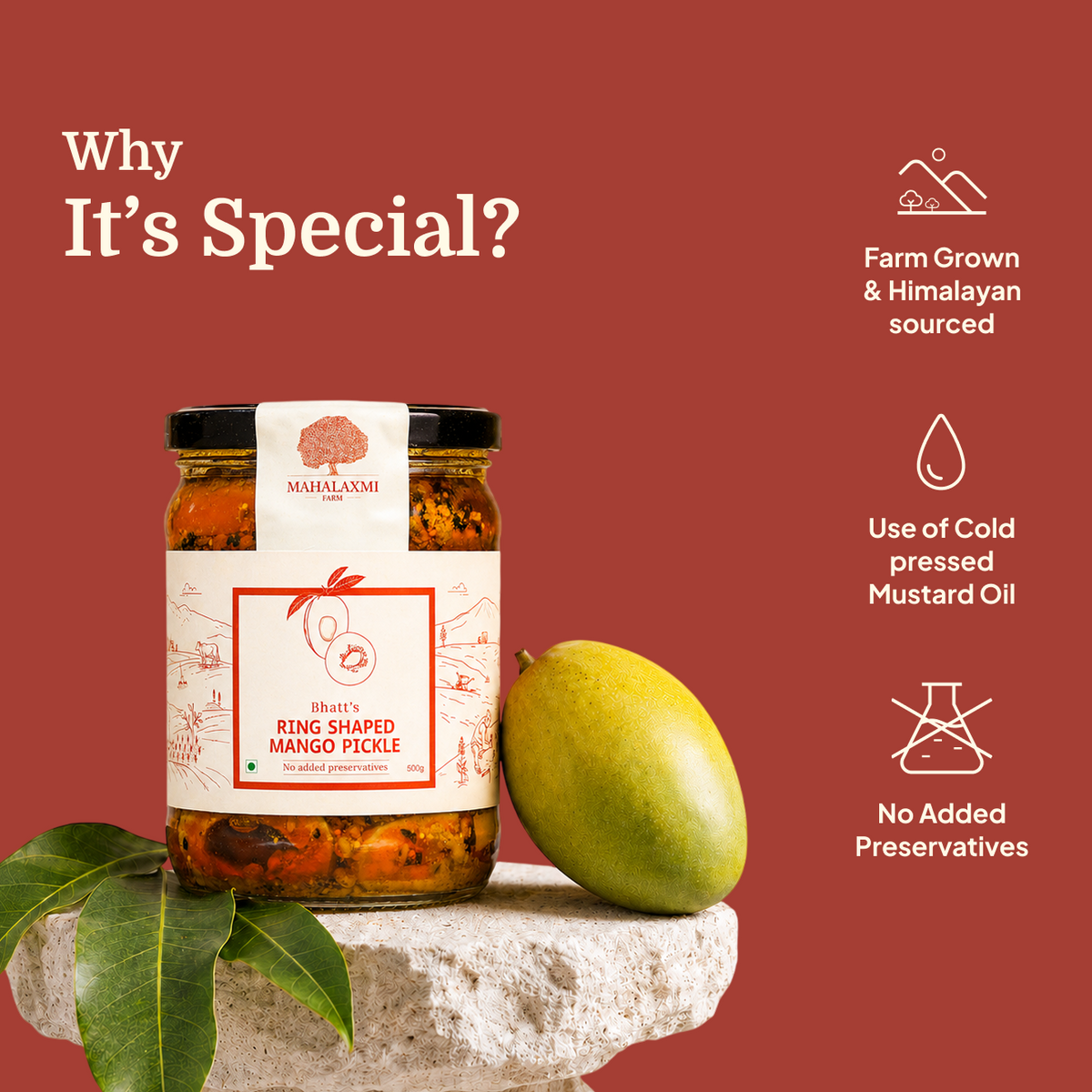 Bhatt’s Ring Shaped Mango Pickle with fresh mango; farm grown and Himalayan sourced, cold pressed mustard oil, no added preservatives.