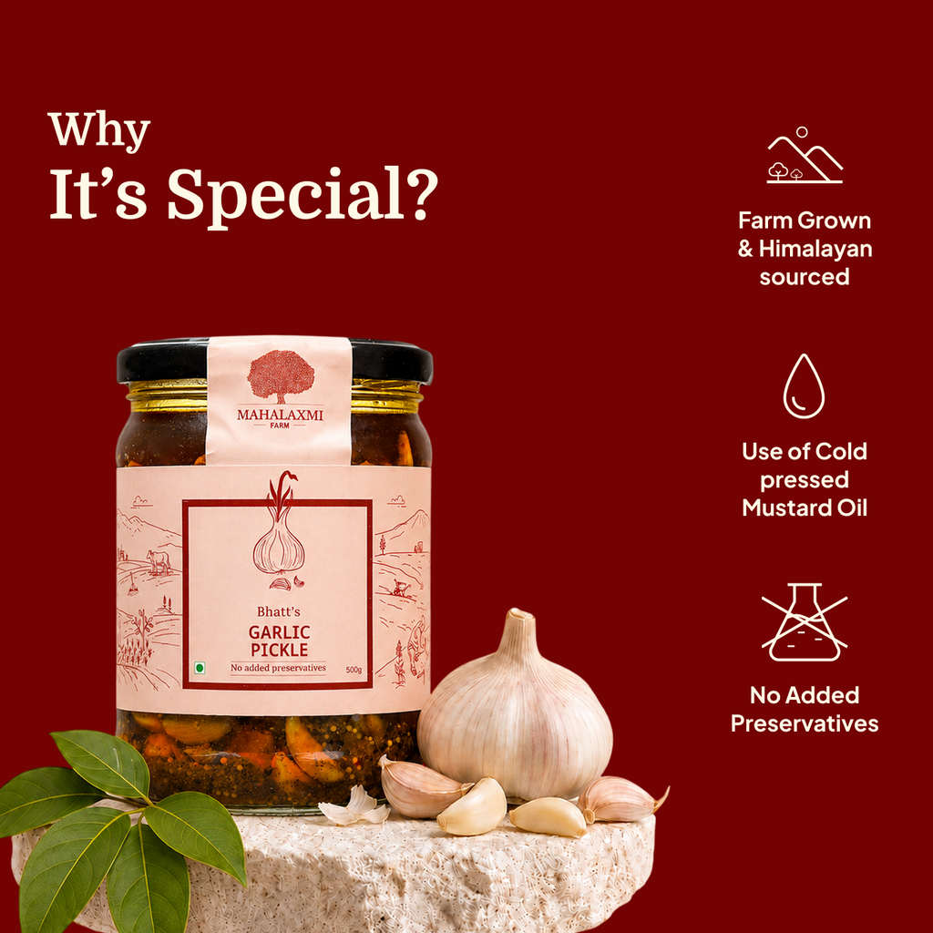 Bhatt’s Garlic Pickle with garlic cloves; farm grown and Himalayan sourced, cold pressed mustard oil, no added preservatives.