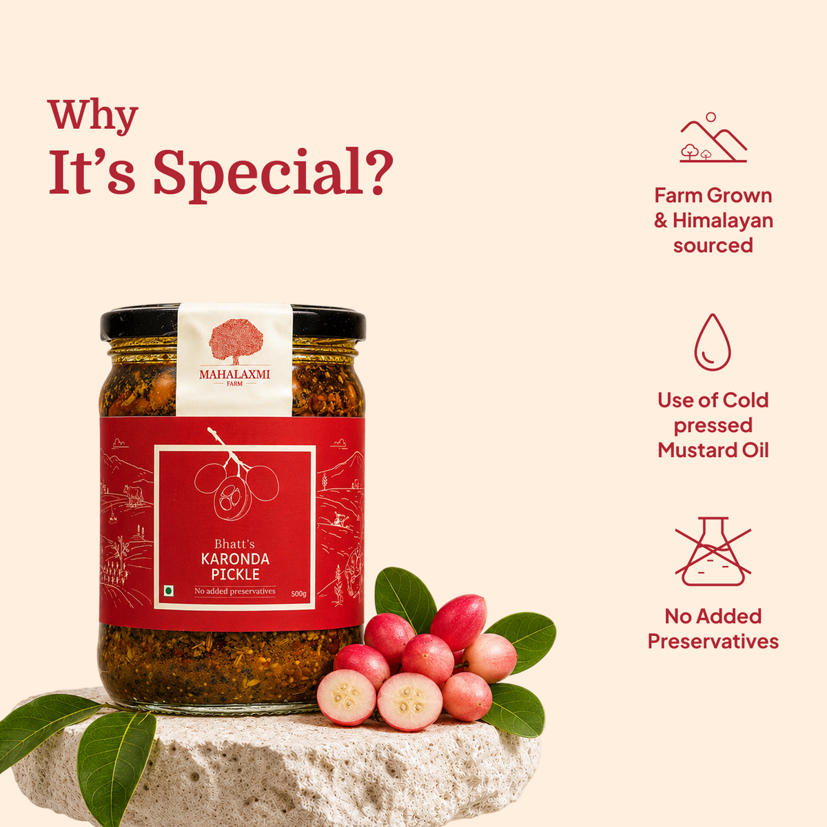 Bhatt’s Karonda Pickle with fresh karonda berries; farm grown and Himalayan sourced, cold pressed mustard oil, no added preservatives.