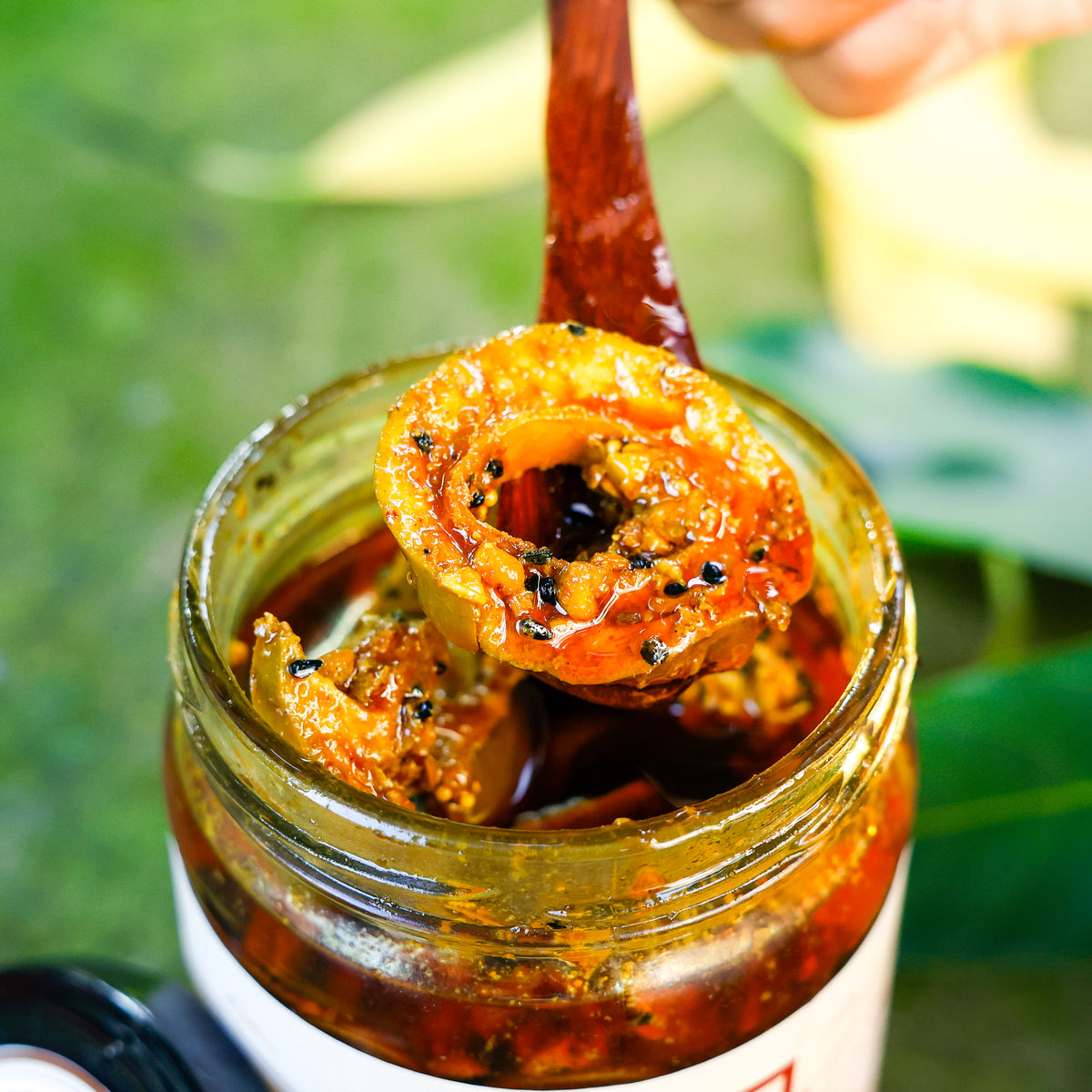 Spoon lifting a ring of mango coated in spices from an open jar of Ring Shaped Mango Pickle.