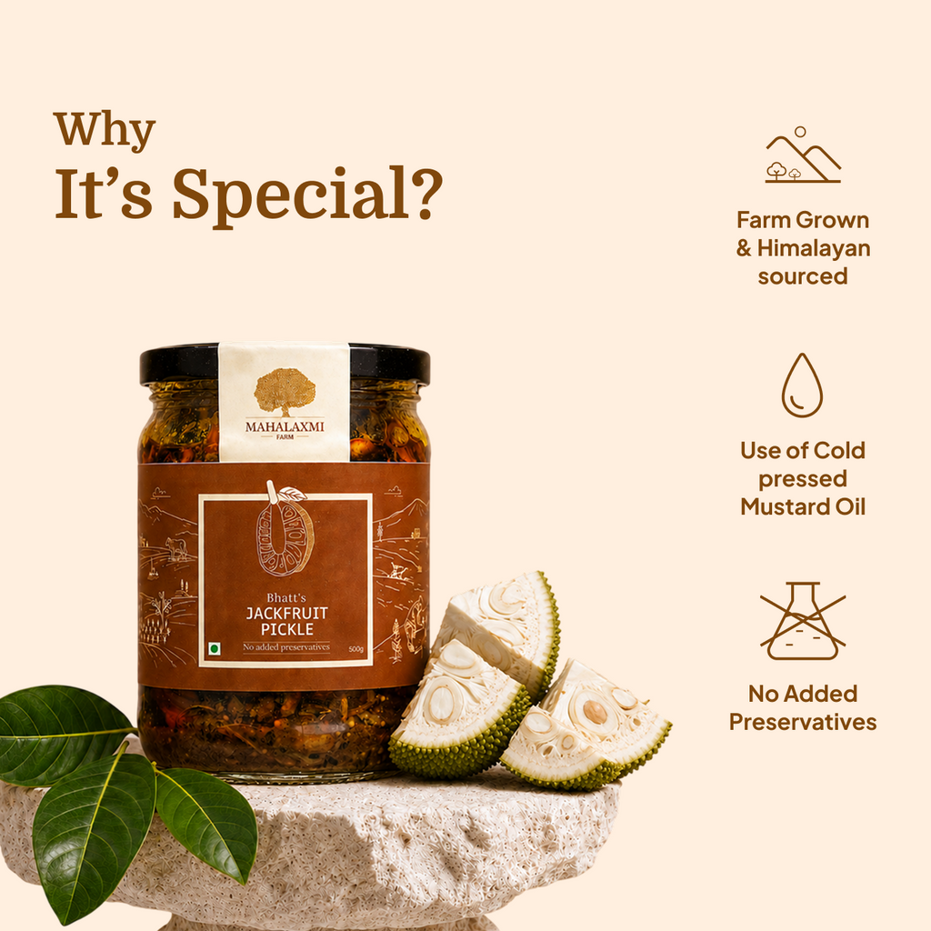 Bhatt’s Jackfruit Pickle with sliced jackfruit; farm grown and Himalayan sourced, cold pressed mustard oil, no added preservatives.